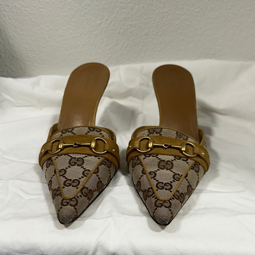 Gucci Women's Tan Monogram Mules with Gold Accent